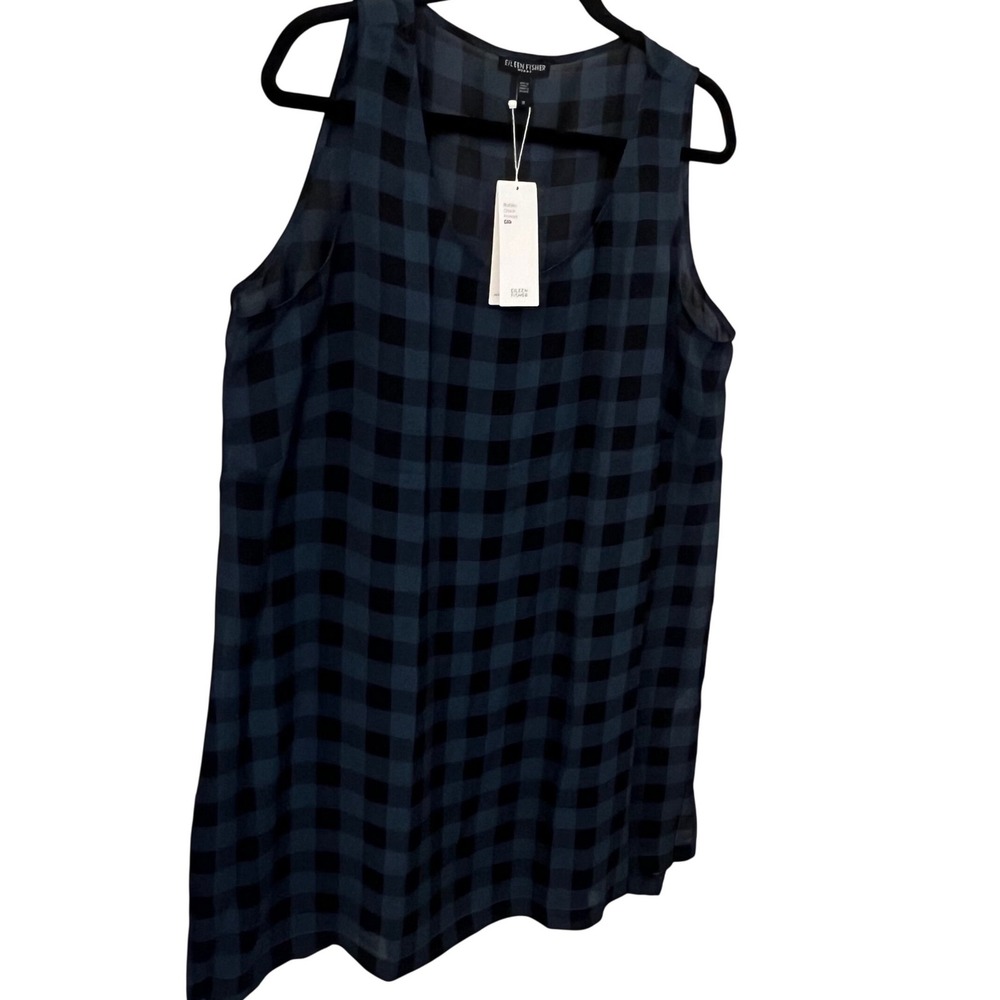 Eileen Fisher NWT Teal Blue Buffalo Check Scoop Neck Sleeveless Silk Tunic.Wm 1X